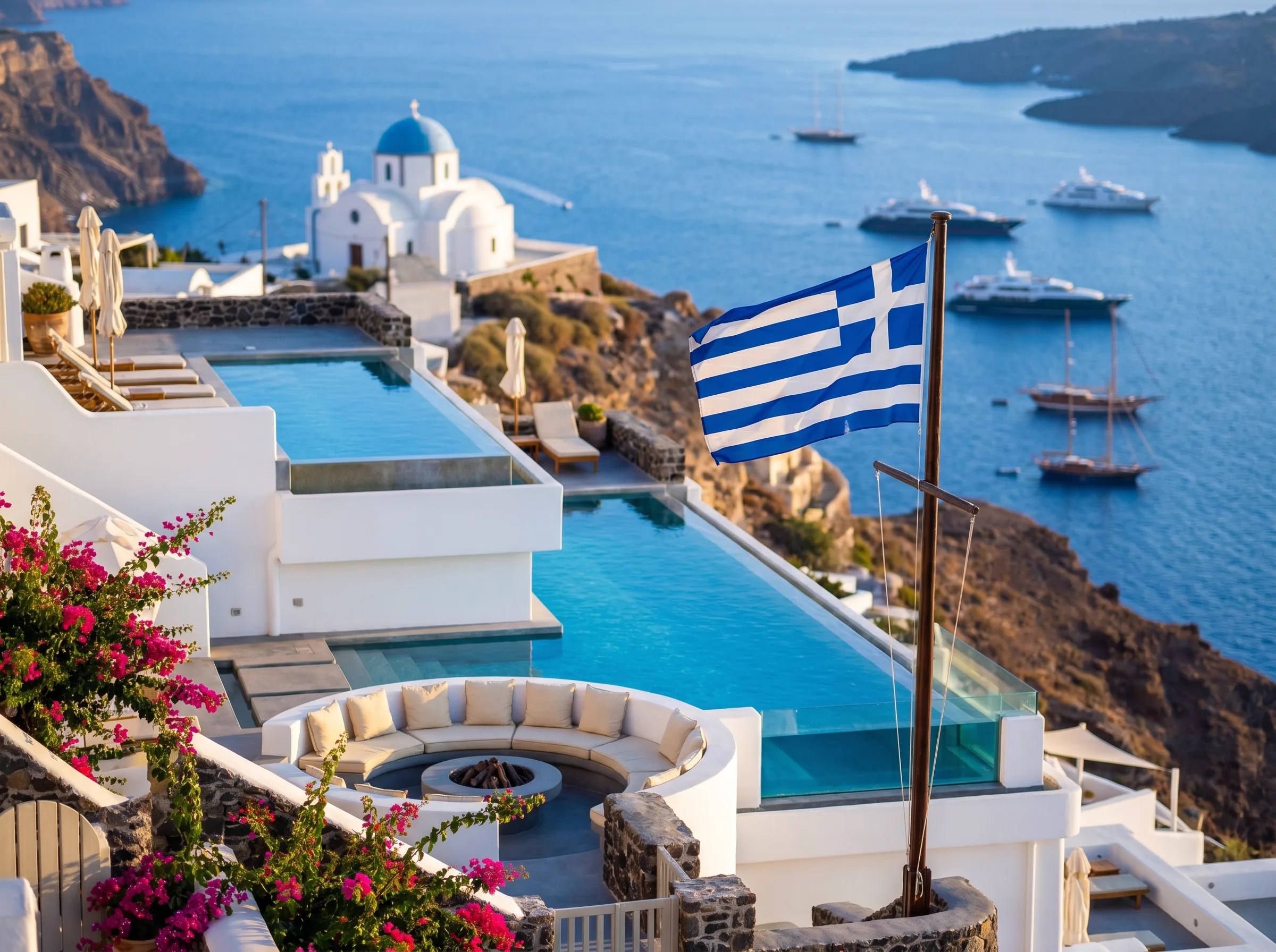 Santorini terrace with infinity pool, Greek flag and yachts in the bay